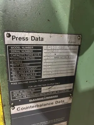 120 TON CLEARING-NIAGARA (NEW 1999) MODEL #E-110 OBS GAP FRAME PRESS, 6" STROKE: STOCK #20013