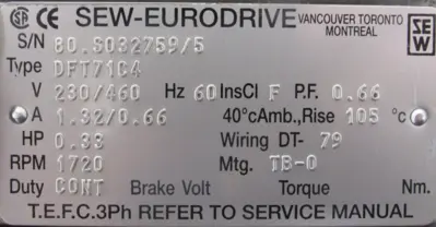 NEW SEW EURODRIVE SA37DT71C4 GEARMOTOR DFT71C4 230/460V 35.10:1