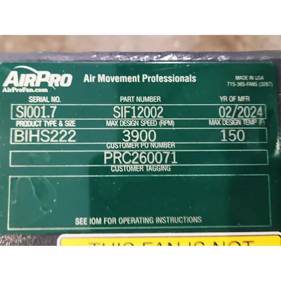 Used AIRPRO FAN & BLOWER COMPANY BIHS222 Centrifugal Fans West Virginia US | JM Industrial #1323298