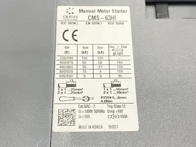 USED CERUS MANUAL MOTOR STARTER 50A 690V 3-POLE