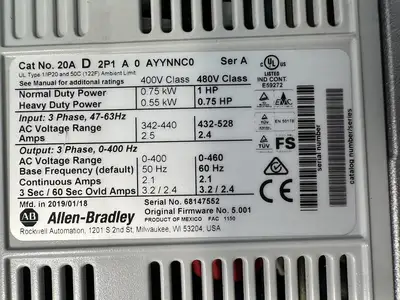 Allen-Bradley 20A D 2P1A3AYYNNC0 PowerFlex 70 480V, 1HP, 2.4A (BIN-1.4.4)