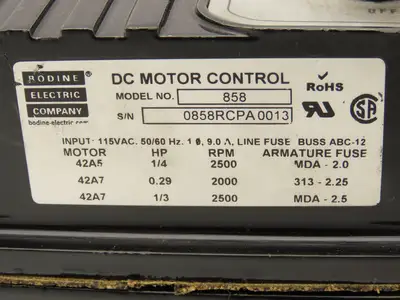 Bodine Model 858 Type FPM DC Motor Adjustable Speed/Torque Control 1/3Hp 115VAC