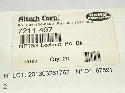 New | in-Stock Altech Corp Polyamide Cable Gland Locknut 3/4" NPT Black PKG OF 20 Electrical Fittings Michigan US | Maverick Industrial Sales #1390872