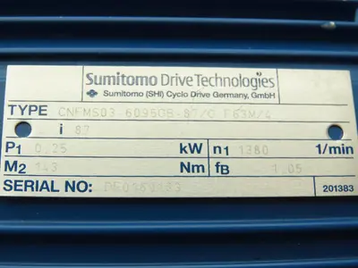 Sumitomo Cyclo CNFMS03-6095GB-87/G F63M/4 Gearmotor 20rpm .25kw 220-480V 87:1