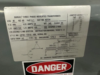 SORGEL 45KVA TRANSFORMER HV:480 LV:208Y/120