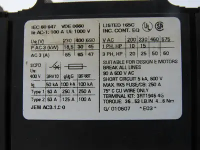 Siemens 3RT1044-3BB40 3P 65A Power Contactor W/3RH1921-2FA22 Coil 24V