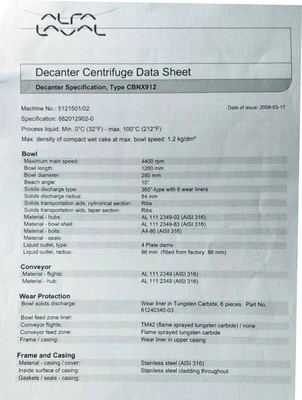 Alfa-Laval CBNX 912B-31 decanter centrifuge, 316SS.
