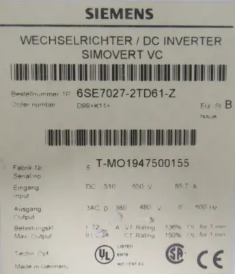 USED SIEMENS 6SE7027-2TD61-Z AC DRIVE 6SE70272TD61Z