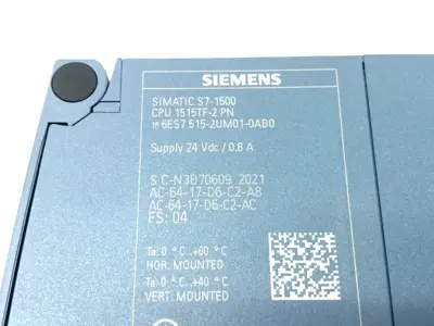 USED SIEMENS SIMATIC S7-1500 CPU UNIT 1515TF-2 PN, 750KB, 3MB