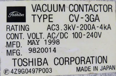 NEW TOSHIBA CV-3GA VACUUM CONTACTOR CV3GA 9820014 AC3.3KV-200A-4KA