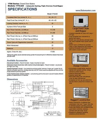 USED BALEMASTER 1772-AO WIDE MOUTH CLOSED DOOR BALER