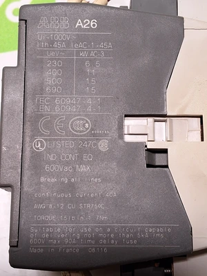 ABB A26-40-00 CONTACTOR A26 45A 600VAC