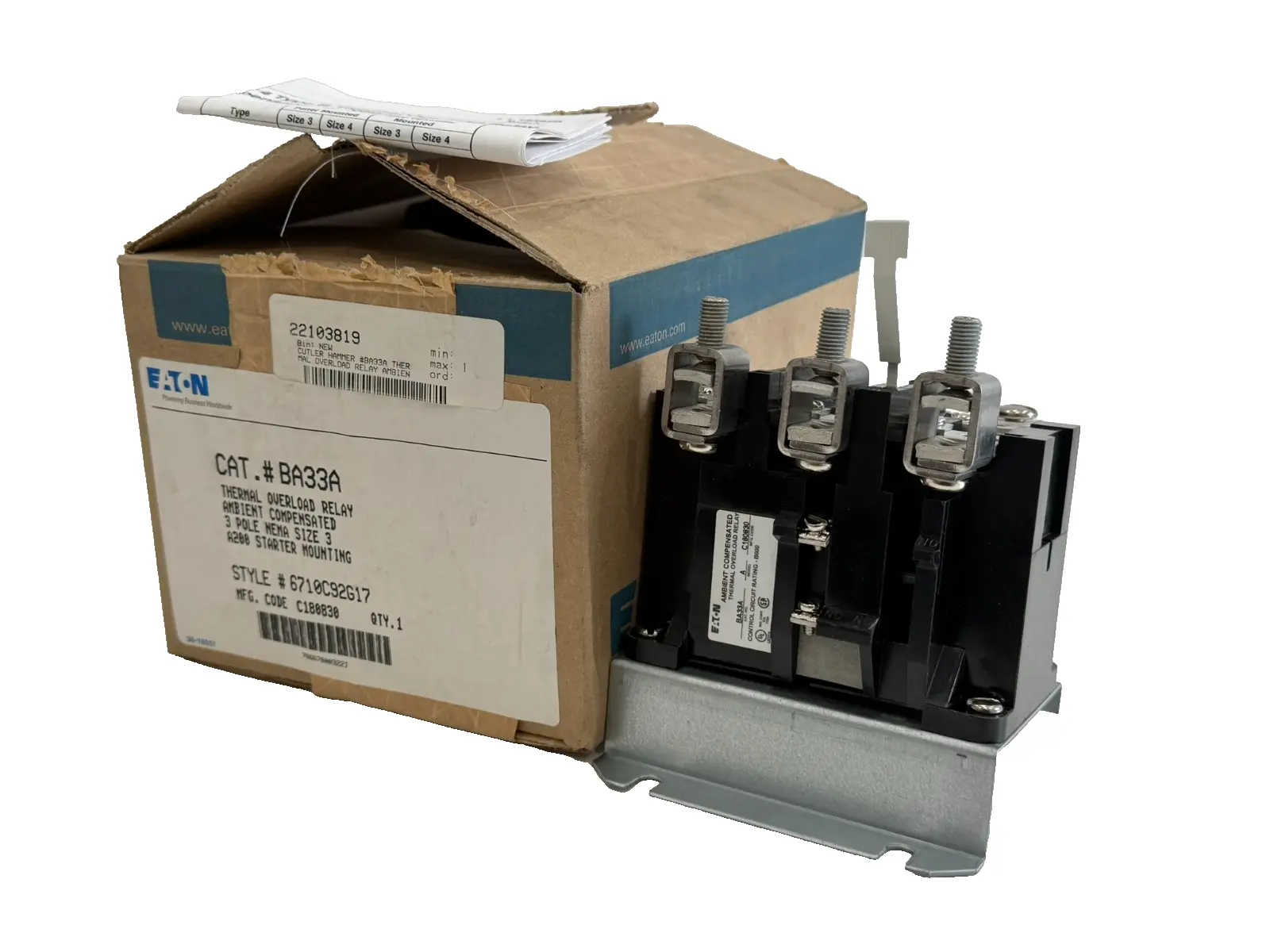 NEW EATON BA33A THERMAL OVERLOAD RELAY 3POLE SIZE 3 MODEL A