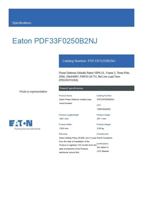 250A Eaton PDF33F0250B2NJ Power Defense Circuit Breaker LSI 3 pole 600VAC New NIB
