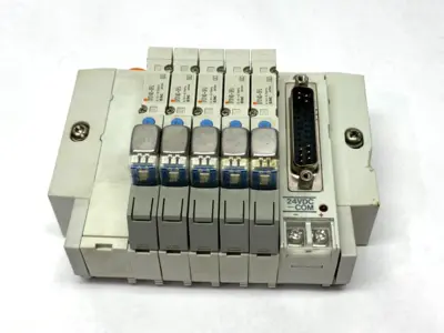 USED SMC PNEUMATIC MANIFOLD ASSEMBLY 1/4" PORTS 24VDC DAMAGED