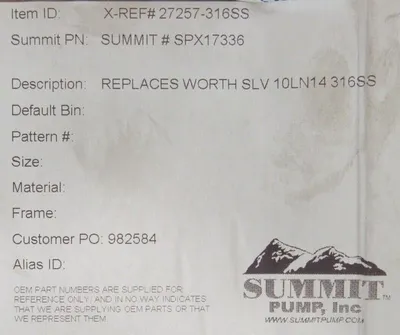 NEW SUMMIT SPX17336 SHAFT SLEEVE 27257-316SS SLV-10LN14-316SS