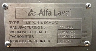 Alfa-Laval MRPX 418 SGV-34C bactofuge, 316SS.