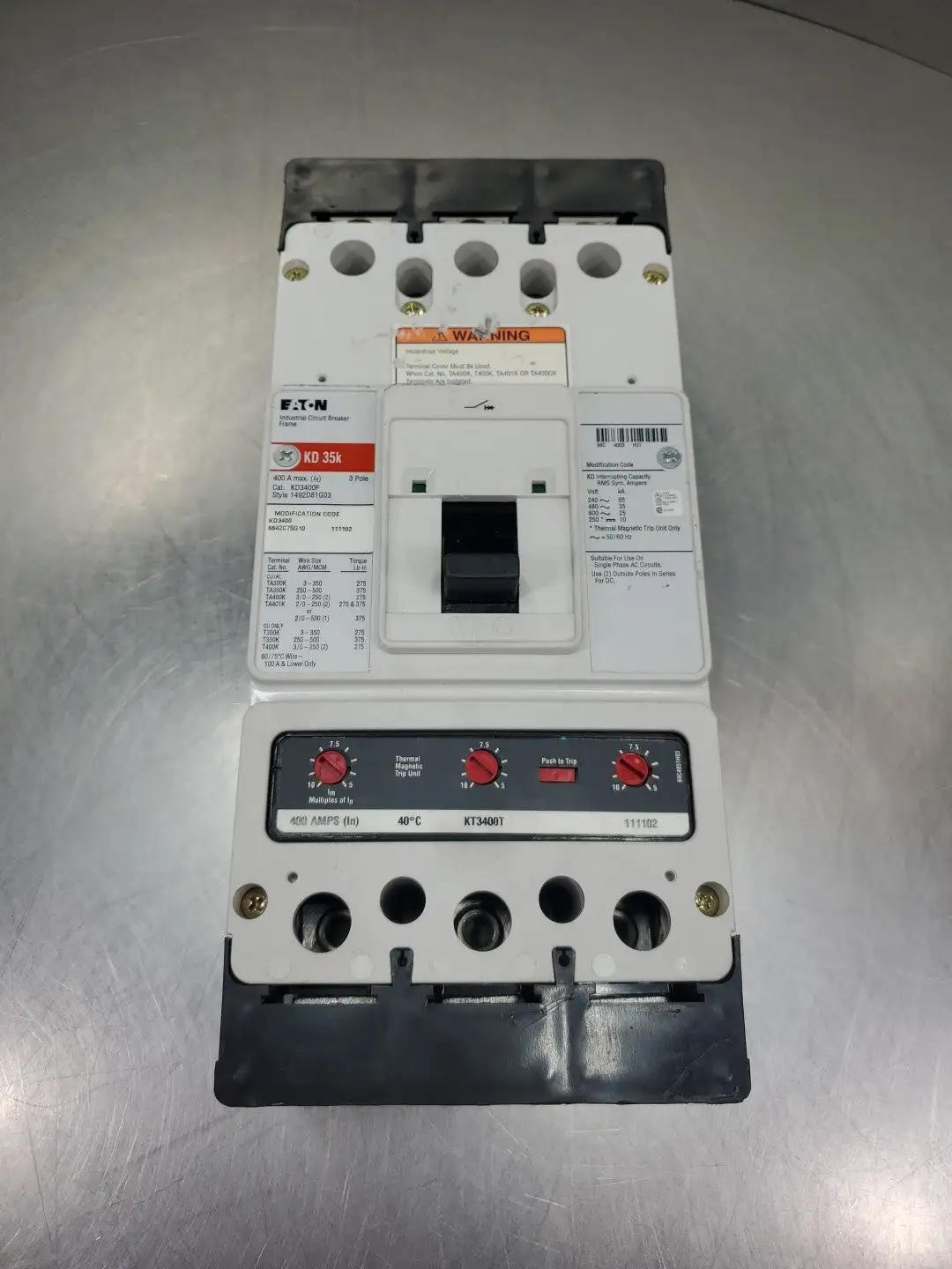 USED Eaton KD3400F 400A Circuit Breaker w/KT3400T Thermal Magnetic Trip Unit