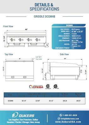 New | in-Stock Dukers New Dukers DCGM48 48 in. W Flat Top Griddle with 4 Burners Commercial Flat Top Griddles Illinois US | Falcon Restaurant Supply #1376257