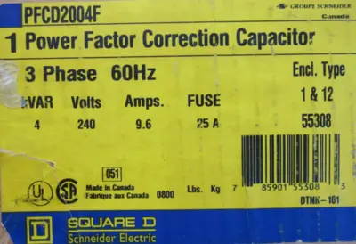 NEW SQUARE D PFCD2004F POWER FACTOR CORRECTION CAPACITOR 4KVAR 240V
