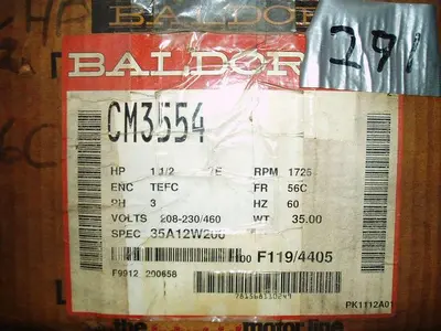 Motor, 1.5 HP, Baldor, 1725 RPM Out, 208-230/460V (6) #S743669