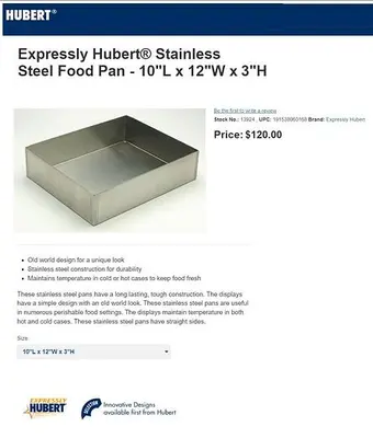 Hubert® S/S Seafood / Food Pan - 10"L x 12"W x 3"H