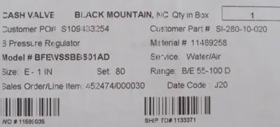NEW CASH VALVE BFEWSSBBS01AD PRESSURE REDUCING VALVE 1" SET AT 80PSI