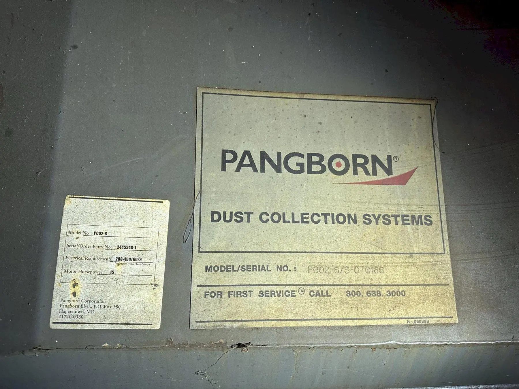 15 HP PANGBORN MODEL #PC02-8 DUST COLLECTOR: STOCK #22342