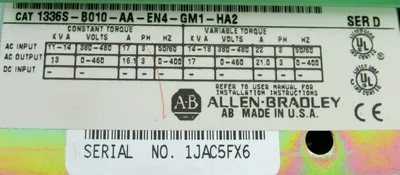 USED ALLEN BRADLEY 1336S-B010-AA-EN4-GM1-HA2 AC DRIVE SER.D 1336SB010AAEN4GM1HA2