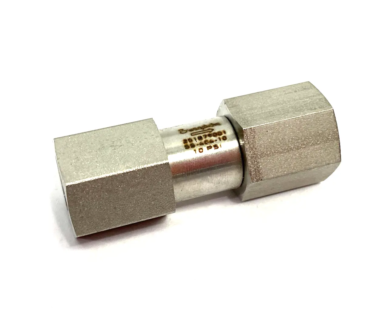 USED SWAGELOK STAINLESS STEEL POPPET CHECK VALVE, FIXED PRESSURE, 1/4" NPTF