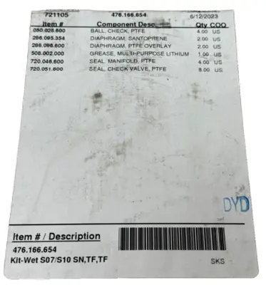NEW SANDPIPER 476.166.654 PUMP KIT WET S07/S10 SN TF TF