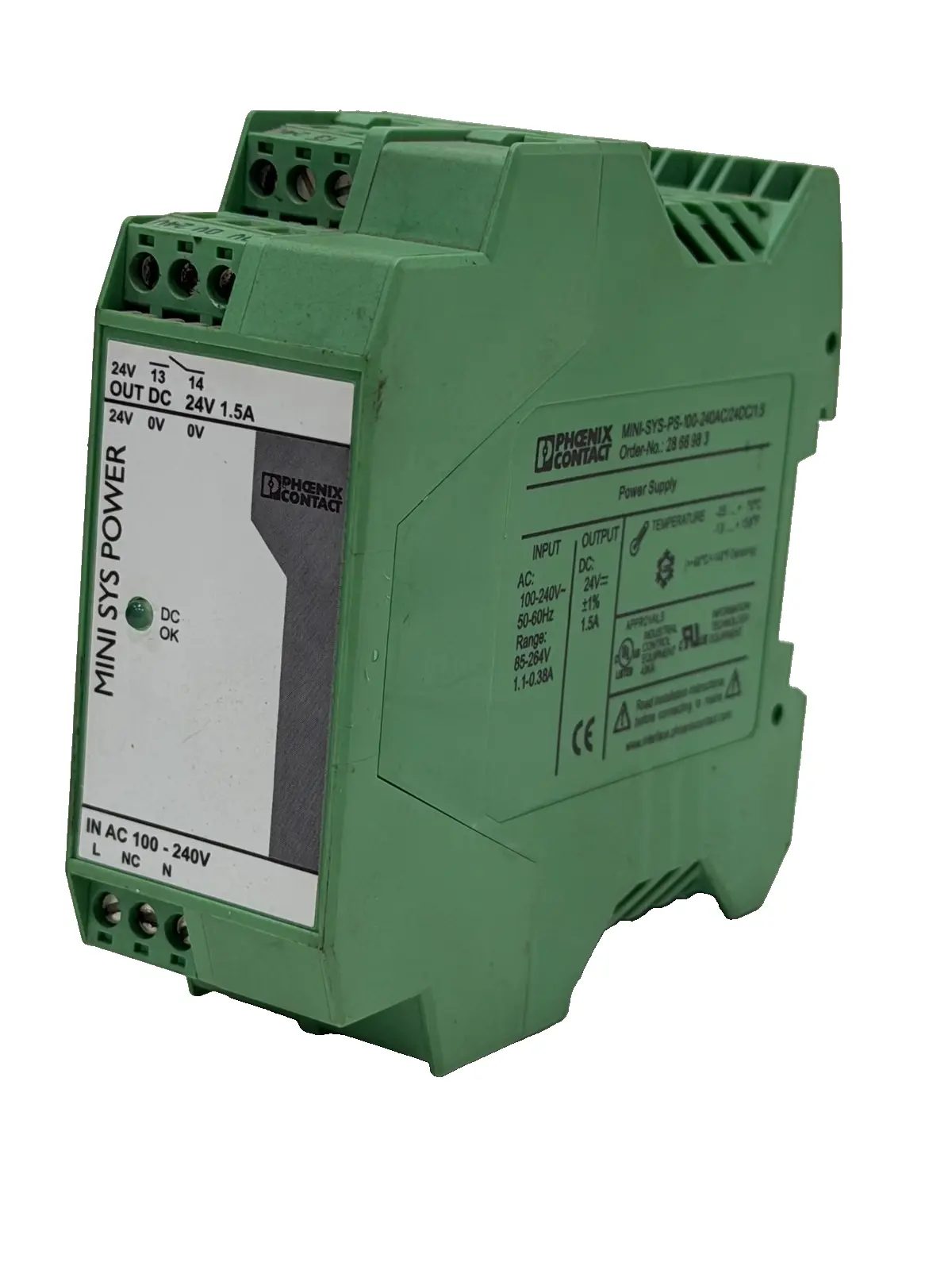 USED PHOENIX CONTACT 2866983 POWER SUPPLY MINI-SYS-PS-100-240AC/24DC/1.5