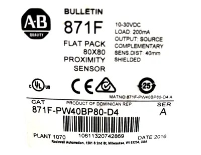 ALLEN BRADLEY 871F-PW40BP80-D4 PROXIMITY SENSOR SER. A 871FPW40BP80D4 NEW, SURP