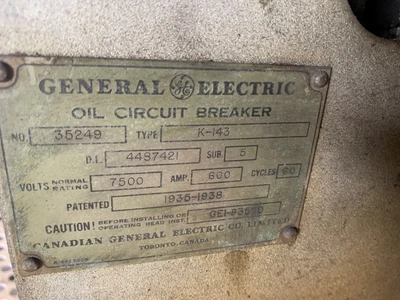 GE Circuit Breaker K143, 600A, 7500V, EO/DO, 110VDC Control
