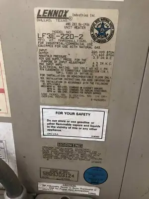 Lennox LF3E-220-2 Natural Gas Unit Heater 220,000BTUH / 171,600BTUH 120V 1PH