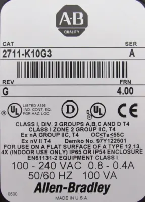 USED ALLEN BRADLEY 2711-K10G3 PANELVIEW 1000 SER.A 2711K10G3