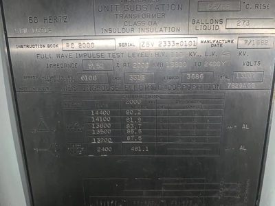 Westinghouse 2000/2240 KVA 13,800-2400Y/138 Oil Fille5d Transfor
