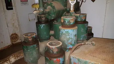 USED EMSCO D-300, 4.75-7.25 X 14 DUPLEX MUD PUMP PACKAGE