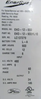 NEW ENERSYS EH3-12-900 BATTERY CHARGER OUTPUT 24V 145A EH3-12-900YL10 480V