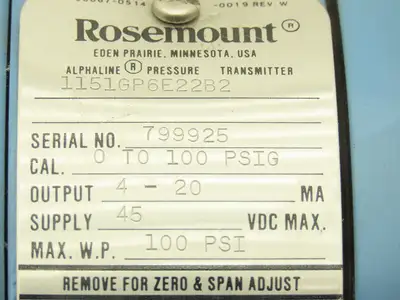 Rosemount 1151GP6E22B2 Alphaline Pressure Transmitter 0-100PSI 45VDC