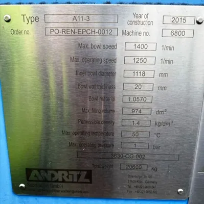 (4) Andritz A11-3 solid bowl decanter centrifuges, CS.