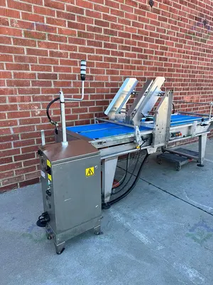 USED REDEMAC STAINLESS STEEL DUAL CONVEYOR PACKAGING MACHINE W/ OPTEL PHARMAPROOF