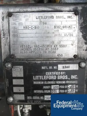 USED Lodige-Littleford 1.8 Cu Ft Littleford Mixer, Model DVT 50, 304 S/S, JKT, 450#