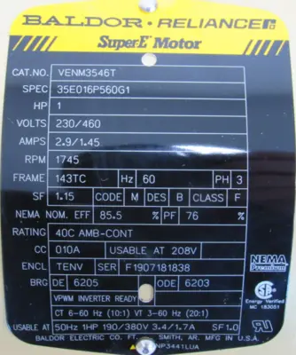 NEW BALDOR VENM3546T MOTOR 1HP 230/460V 1745RPM 7/8" DIA.