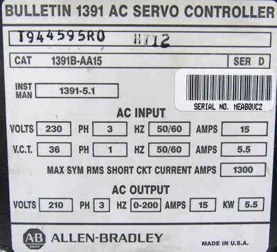 USED ALLEN BRADLEY 1391B-AA15 SERVO CONTROLLER 1391BAA15 SER. D 3PH 15A 230VAC