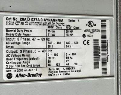 USED Allen-Bradley 20A-D027A0AYNANNN