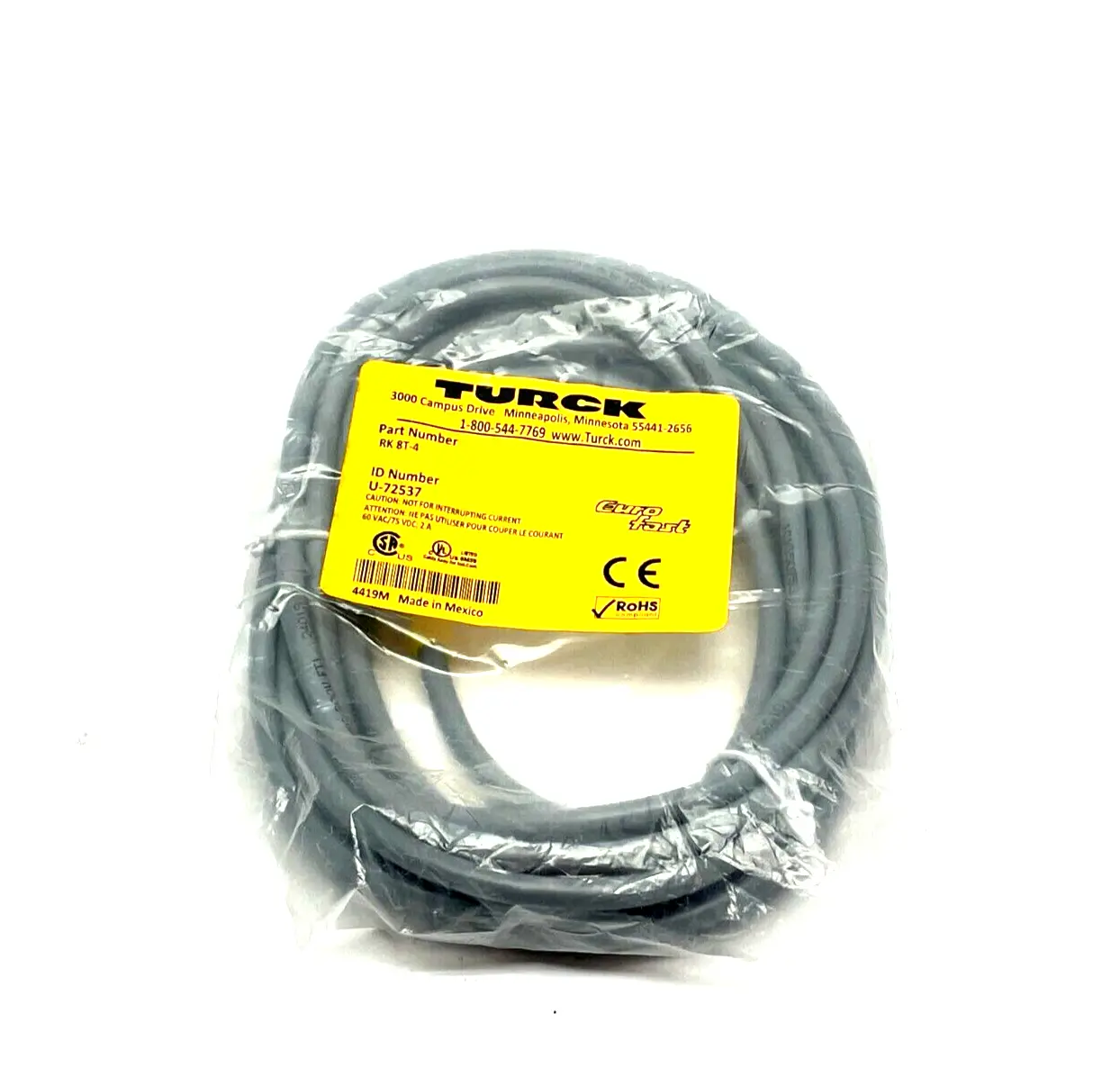 NEW TURCK EUROFAST SINGLE ENDED CORDSET M12 8-PIN 4M LENGTH U-72537