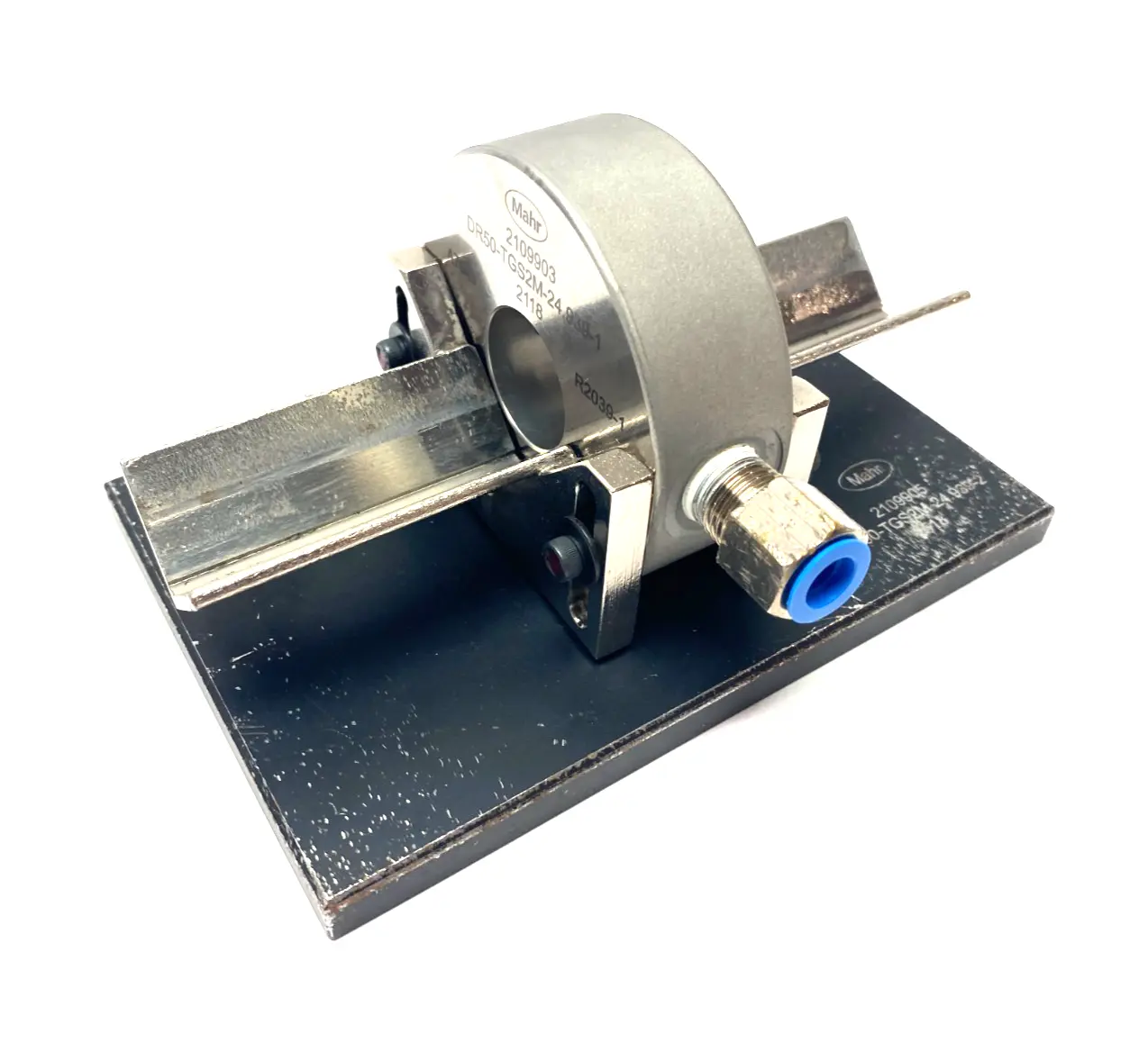 USED MAHR DIMENSIONAIR 2-JET AIR RING GAUGE W/ GUIDE CHUTES & BASE PLATE