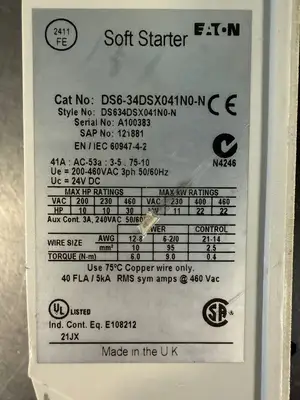 Eaton DS6-34DSX041N0-N Soft Starter Aux. Cont. 3A - 240Vac (5.4.2)