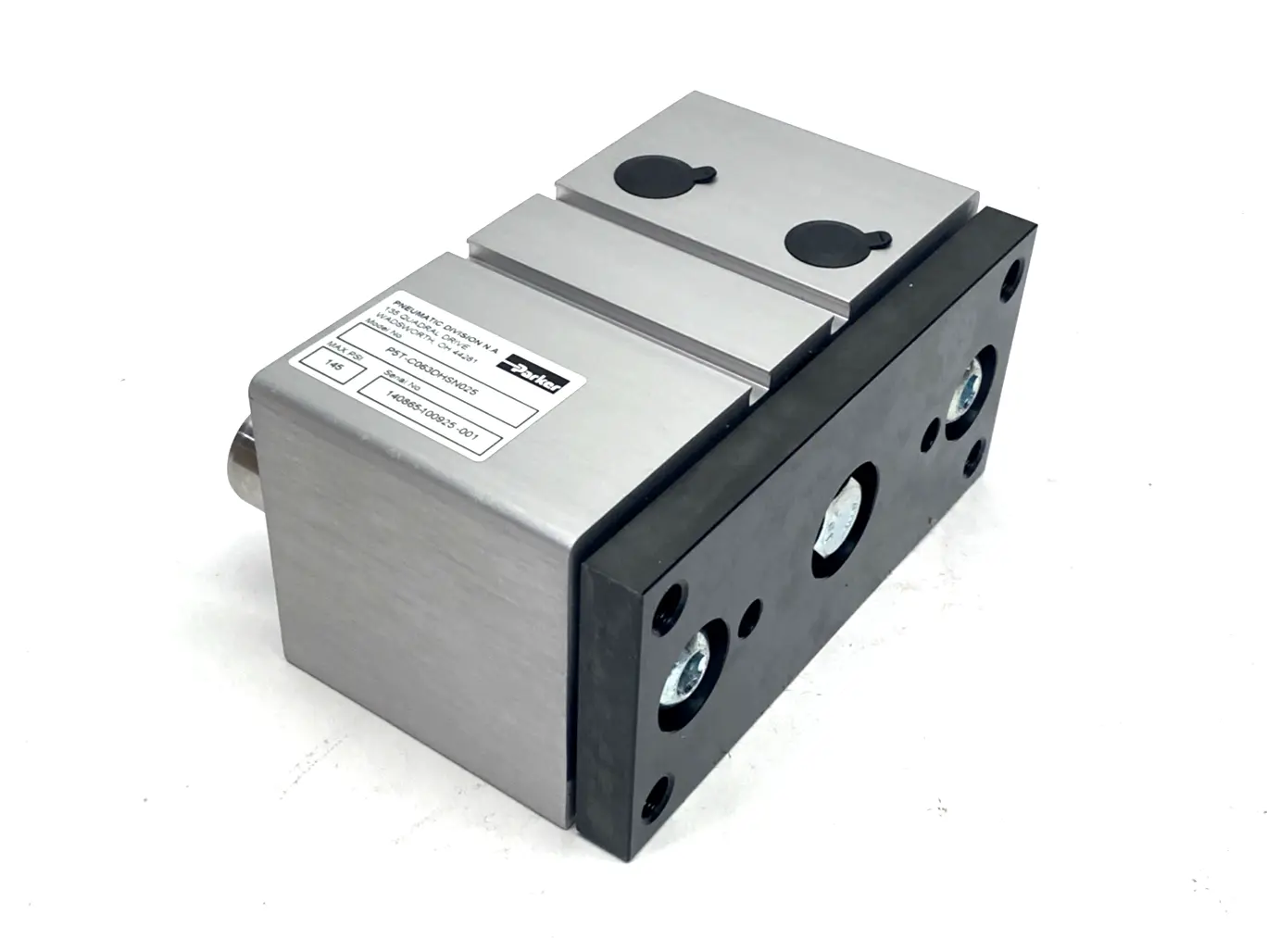 P5T-C063DHSN025 | Parker  Pneumatic Guided Cylinder 145 PSI 63mm Bore 25mm Stroke - New – Open box
